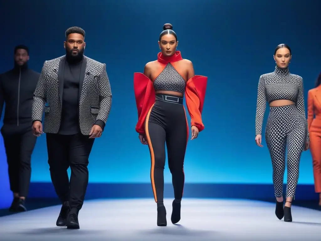 Moda adaptativa futurista: diversidad en la pasarela tecnológica Una imagen futurista de moda inclusiva con 'Ropa adaptativa para todos cuerpos' en una pasarela de alta tecnología