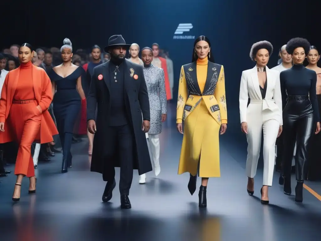 Moda inclusiva: pasarela futurista con prendas adaptativas únicas Una imagen futurista de moda a medida para todos, con prendas adaptativas únicas y un desfile inclusivo y moderno
