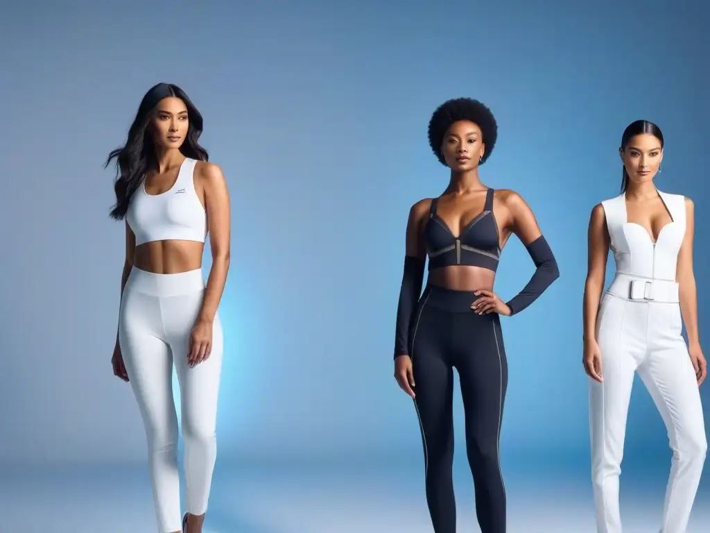 Moda inclusiva: modelos diversos en estudio futurista Una imagen futurista de modelos diversos, vistiendo atuendos únicos creados con escaneo corporal para moda inclusiva