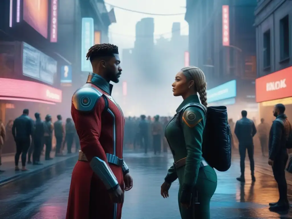 Futurista y diverso: personajes vibrantes en la ciudad Una imagen futurista muestra a personajes diversos interactuando alegremente en la calle de una ciudad, representación cuerpos diversos en ficción