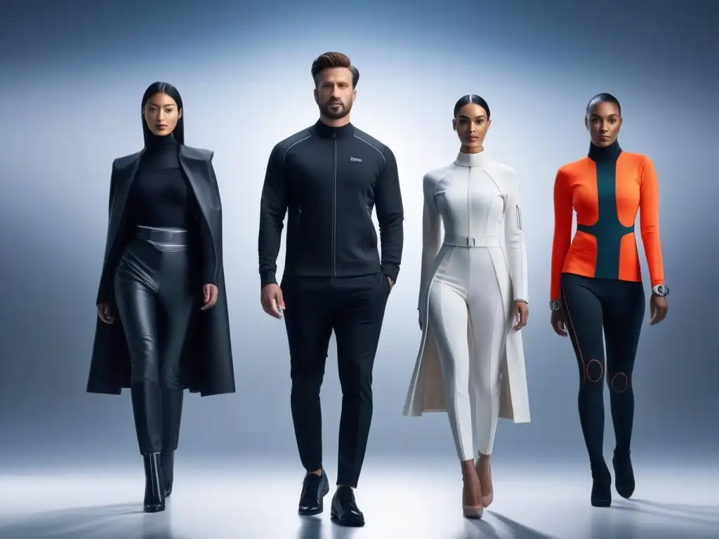 Moda futurista: Tecnología wearable innovadora en diversidad Una imagen futurista de personas con tecnología integrada en su ropa, adaptada a cuerpos diversos