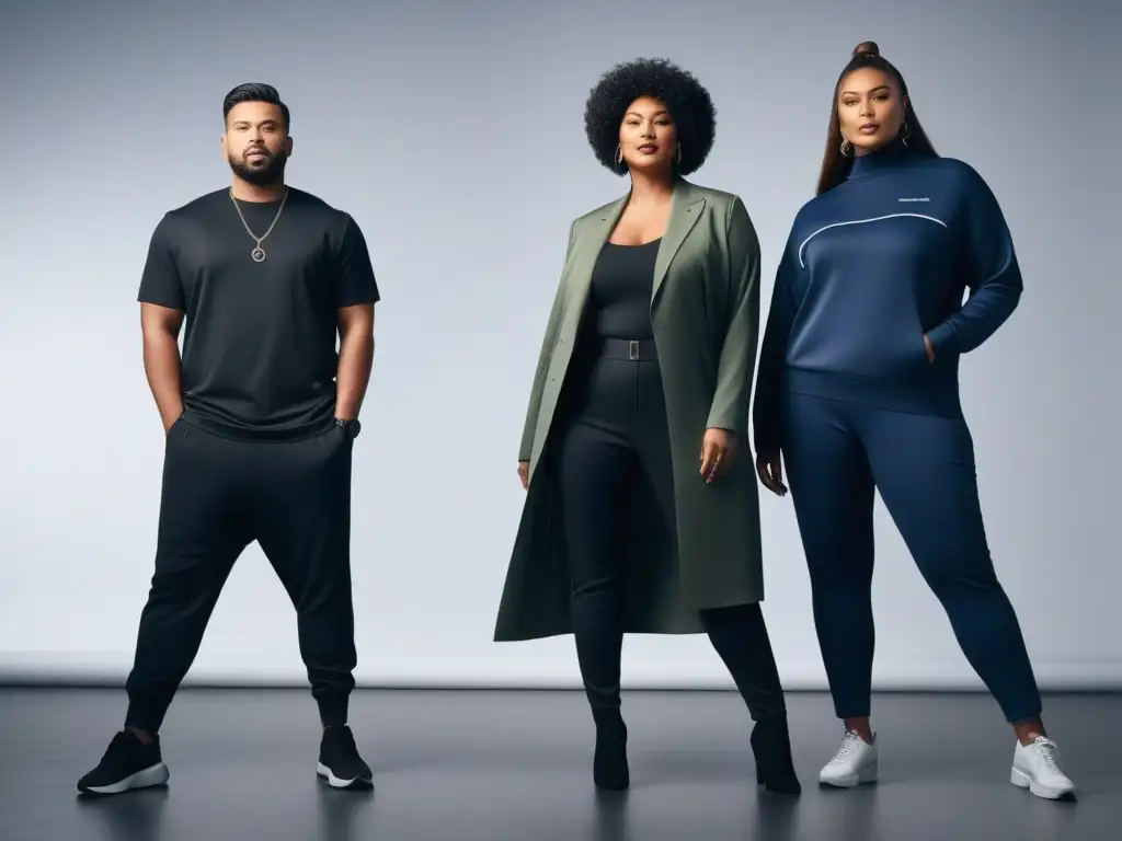 Moda inclusiva: Empoderamiento y estilo en prendas adaptadas Una imagen de un grupo diverso de individuos de todos los tipos de cuerpo modelando con confianza ropa adaptativa en un entorno elegante y moderno