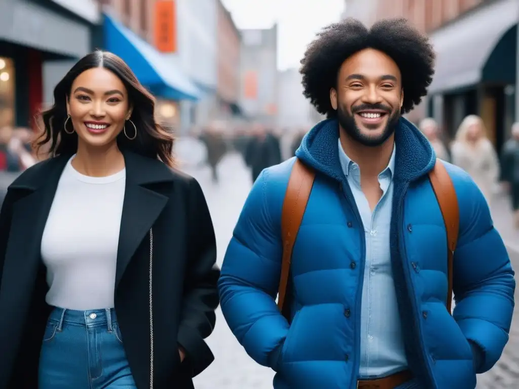 Grupo diverso de personas felices caminando en ciudad sostenible Una imagen de grupo diverso en moda ética para todos cuerpos, caminando felices por la ciudad