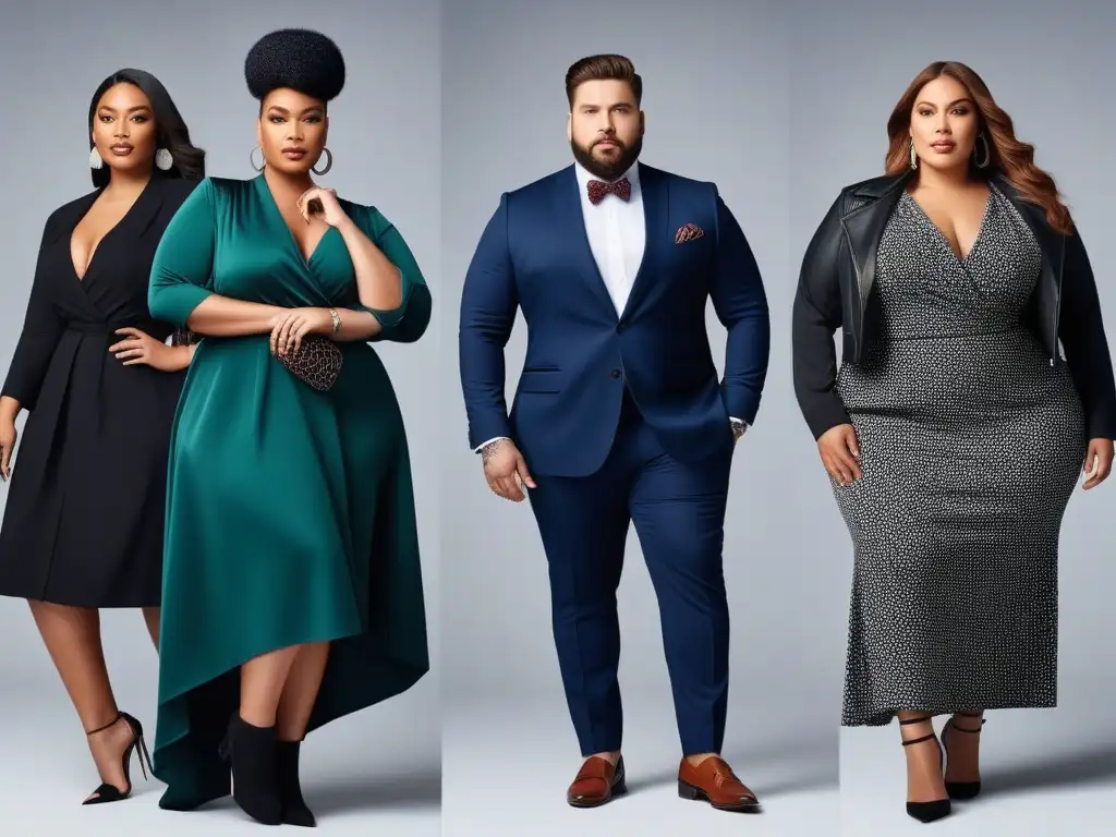 Estilo plussize: moda inclusiva y elegante Una imagen de grupo diverso de personas plus size seguras, elegantes y bien coordinadas, evitando errores de vestuario plus size comunes