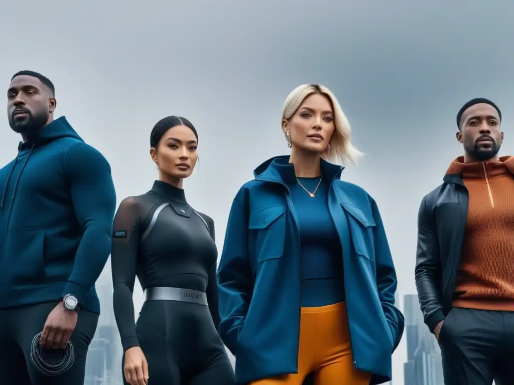 Moda tecnológica inclusiva: elegancia conectada en la ciudad Una imagen de un grupo diverso con wearables premium integrados en sus outfits, reflejando protección, moda y conectividad en la ciudad futurista