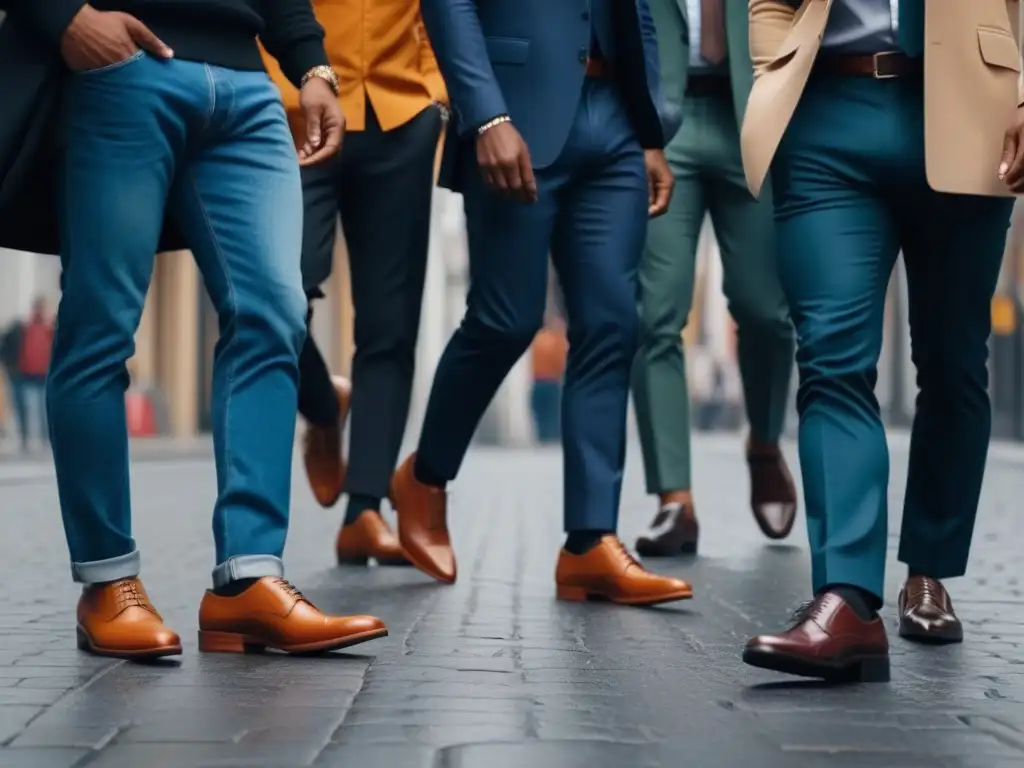 Variedad de calzado masculino: unidos en diversidad Una imagen de hombres diversos caminando con confianza por la ciudad, luciendo calzado masculino inclusivo para todos