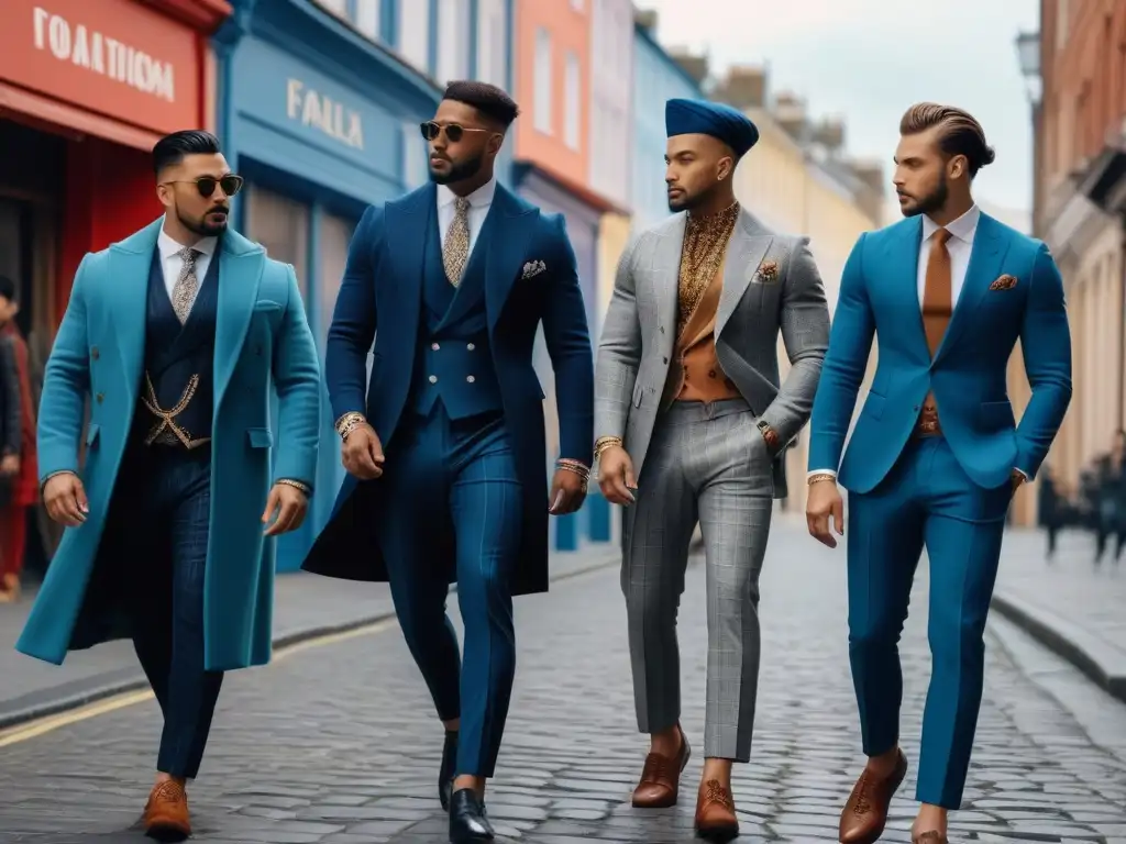 Moda masculina inclusiva en la ciudad Una imagen de hombres diversos con estilo caminando por la ciudad, fusionando moda tradicional y moderna