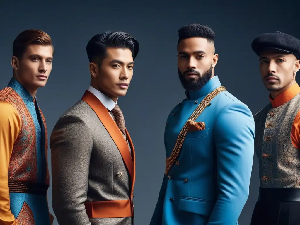 Estilo inclusivo: hombres diversos lucen moda moderna y cultural Una imagen de alta resolución de hombres elegantes de diferentes orígenes étnicos, posando con confianza en atuendos modernos e inclusivos