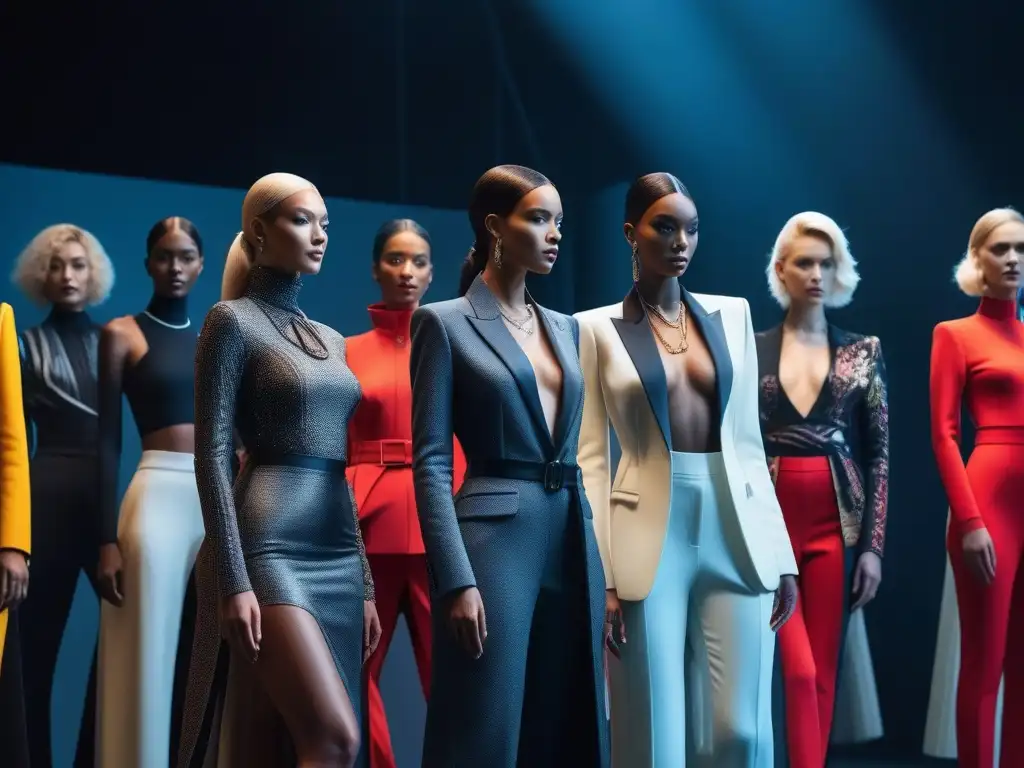 Desfile de Moda con Diseñadores Innovadores y de Género Neutral Una imagen impactante de diseñadores líderes de moda sin género, rodeados de maniquíes innovadores en una pasarela futurista