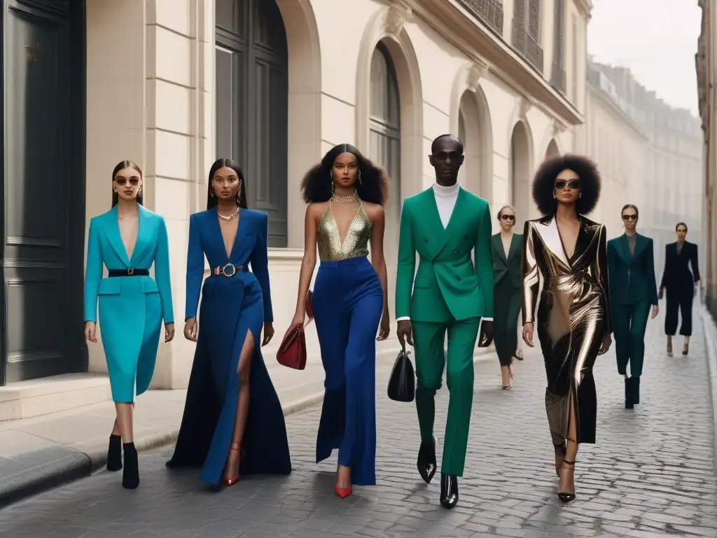 Moda inclusiva: diversidad y estilo en Yves Saint Laurent Una imagen impactante de un grupo diverso con tallas inclusivas en la moda de Yves Saint Laurent, irradiando confianza y estilo en la calle