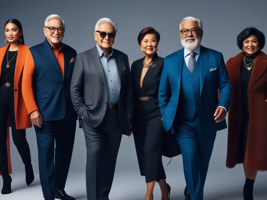 Modelos senior: diversidad y estilo en ropa esencial Una imagen impactante de moda senior inclusiva y diversa, con elegancia y estilo únicos en un estudio contemporáneo