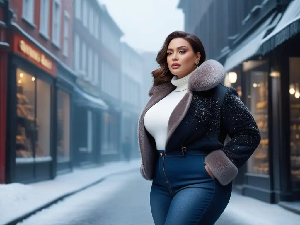 Estilo de invierno: mujer plus size segura y chic en la ciudad nevada Imagen impactante de un look plus size invierno con estilo chic, mostrando confianza y moda en la nieve de la ciudad