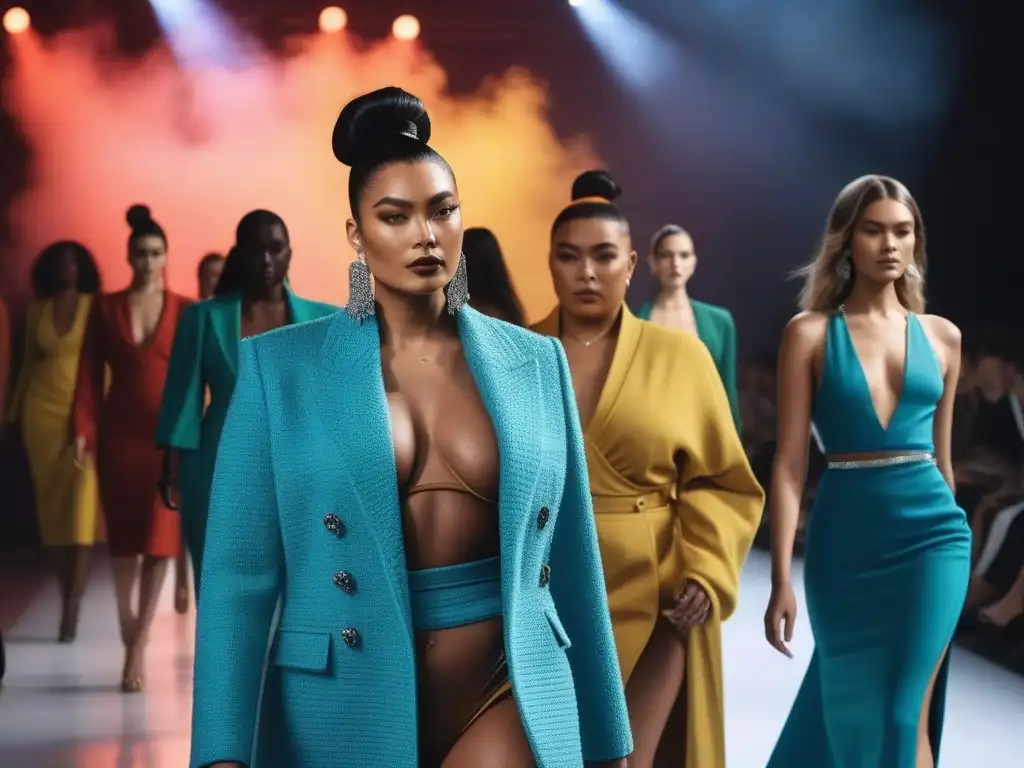 Desfile de moda inclusivo: diversidad y empoderamiento en la pasarela Una imagen impactante de moda inclusiva, donde diferentes modelos confiados y expresivos desfilan en una pasarela vibrante