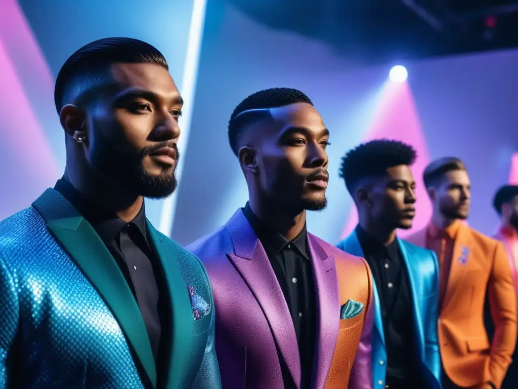 Desfile de moda inclusiva con hombres seguros y diversos Una imagen impactante de moda masculina inclusiva con modelos diversos caminando con confianza en una pasarela futurista
