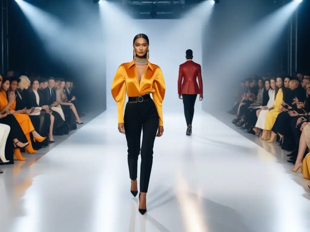 Desfile de moda diverso y empoderador Una imagen impactante de modelos diversos desfilando con confianza en una pasarela moderna y luminosa, celebrando la diversidad en campañas de moda