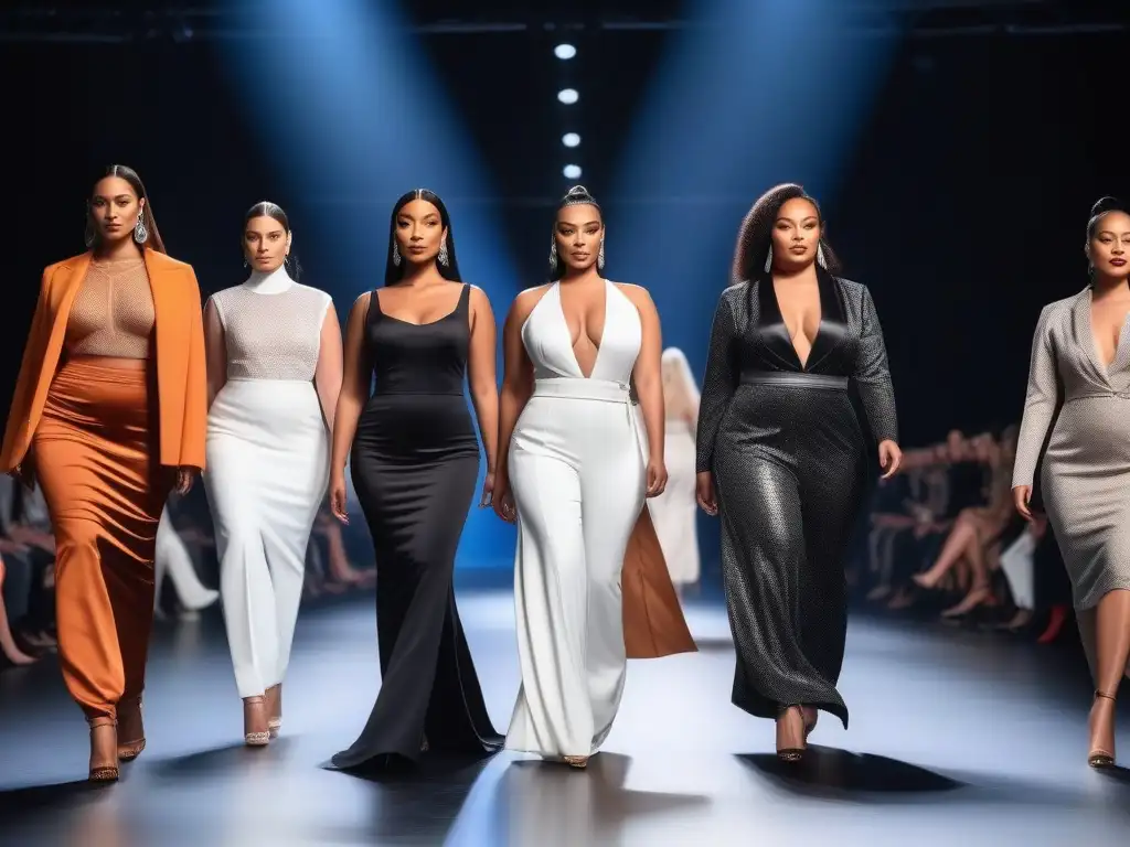 Desfile inclusivo: diversidad de modelos brillando en la pasarela Una imagen impactante de modelos diversos desfilando con confianza en una pasarela, luciendo diseños de moda inclusiva para todos cuerpos