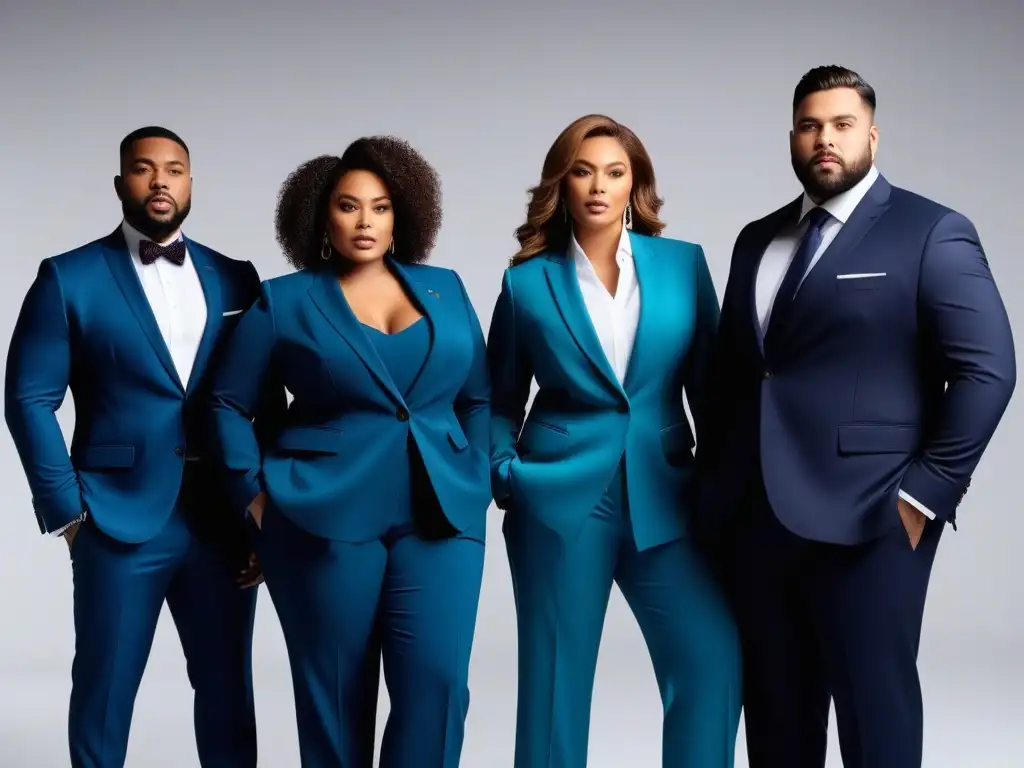 Moda Plus Size: Elegancia y Empoderamiento en Trajes a Medida Una imagen impactante de modelos de talla grande seguras luciendo trajes ajustados en diversos estilos y colores