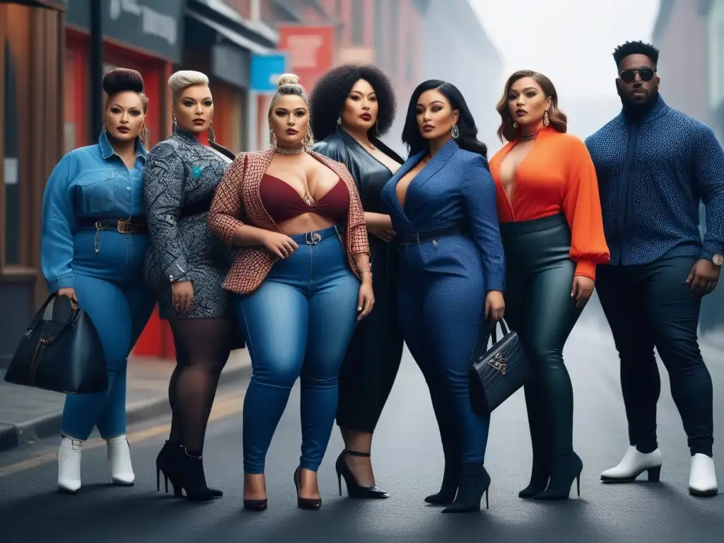 Diversidad y estilo en moda plus size: empoderamiento urbano Una imagen impactante de personas seguras y elegantes con atuendos estampados chic en un entorno urbano, simbolizando la moda de tallas grandes