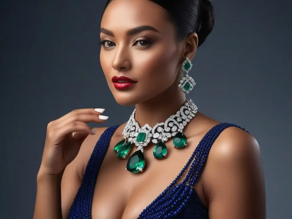 Joyas de lujo: diversidad y elegancia en cada cuerpo Una imagen impactante de personas con diferentes tipos de cuerpo luciendo joyería de lujo con gemas preciosas en ajustes modernos y elegantes