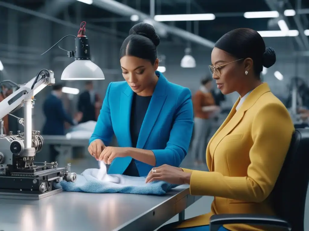 Diseñadores de moda inclusiva en fábrica sostenible Una imagen impactante de profesionales de la moda inclusiva trabajando en una fábrica textil sostenible y avanzada
