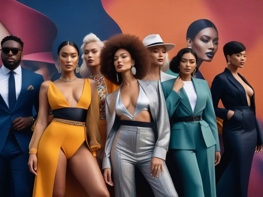 Desfile de moda inclusivo y empoderado en la ciudad Una imagen impactante de sesiones de fotos inclusivas moda, con modelos diversos posando con confianza en la calle, frente a un mural vibrante