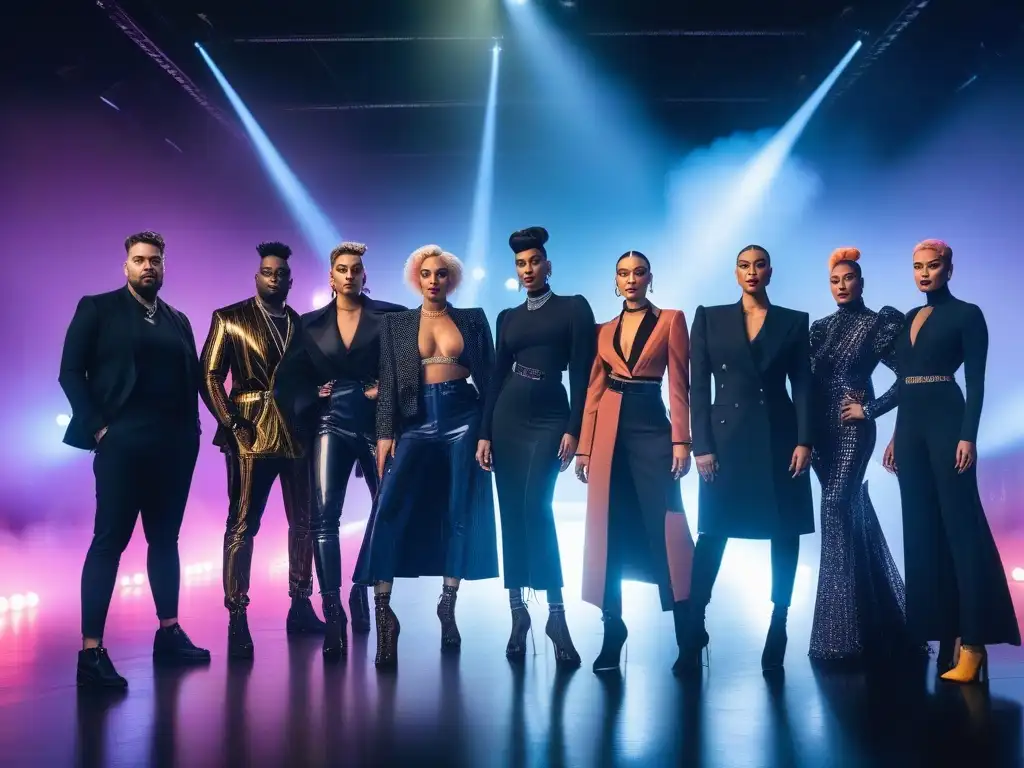 Influencers transgénero y no binarios deslumbran en pasarela de moda inclusiva y vanguardista Una imagen impactante de influencers transgénero en una pasarela de moda inclusiva, mostrando confianza y estilo vanguardista