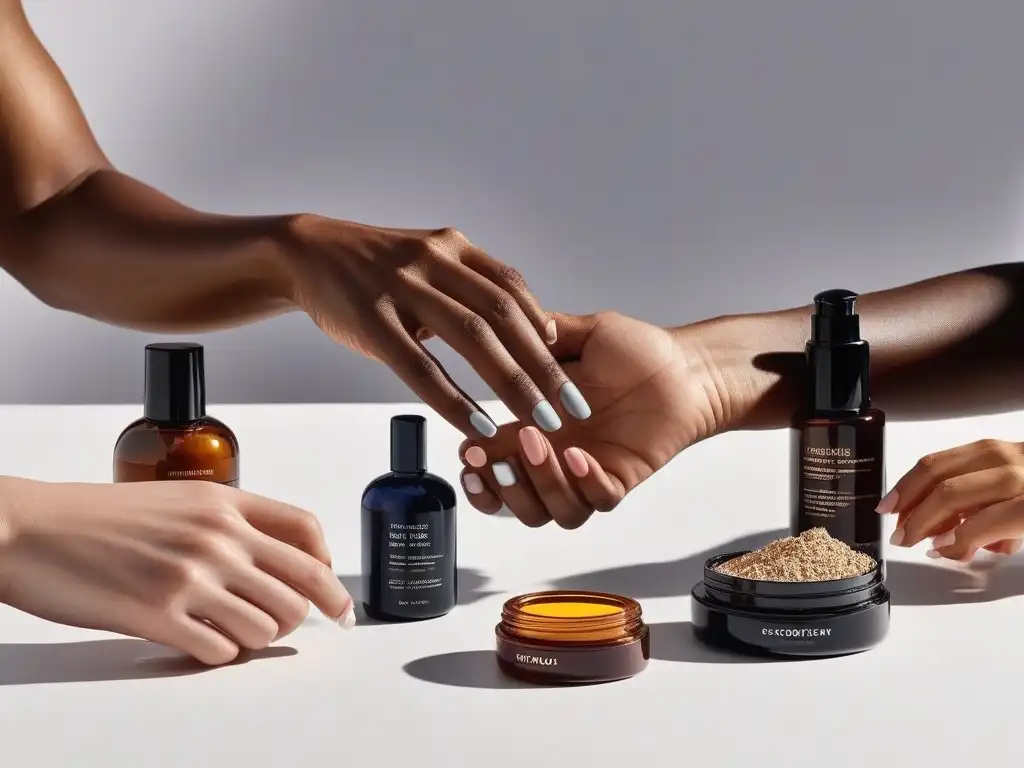 Diversidad y elegancia: manos con productos de belleza inclusivos Una imagen inclusiva de manos diversas sosteniendo productos de belleza de alta gama en un mostrador minimalista y moderno
