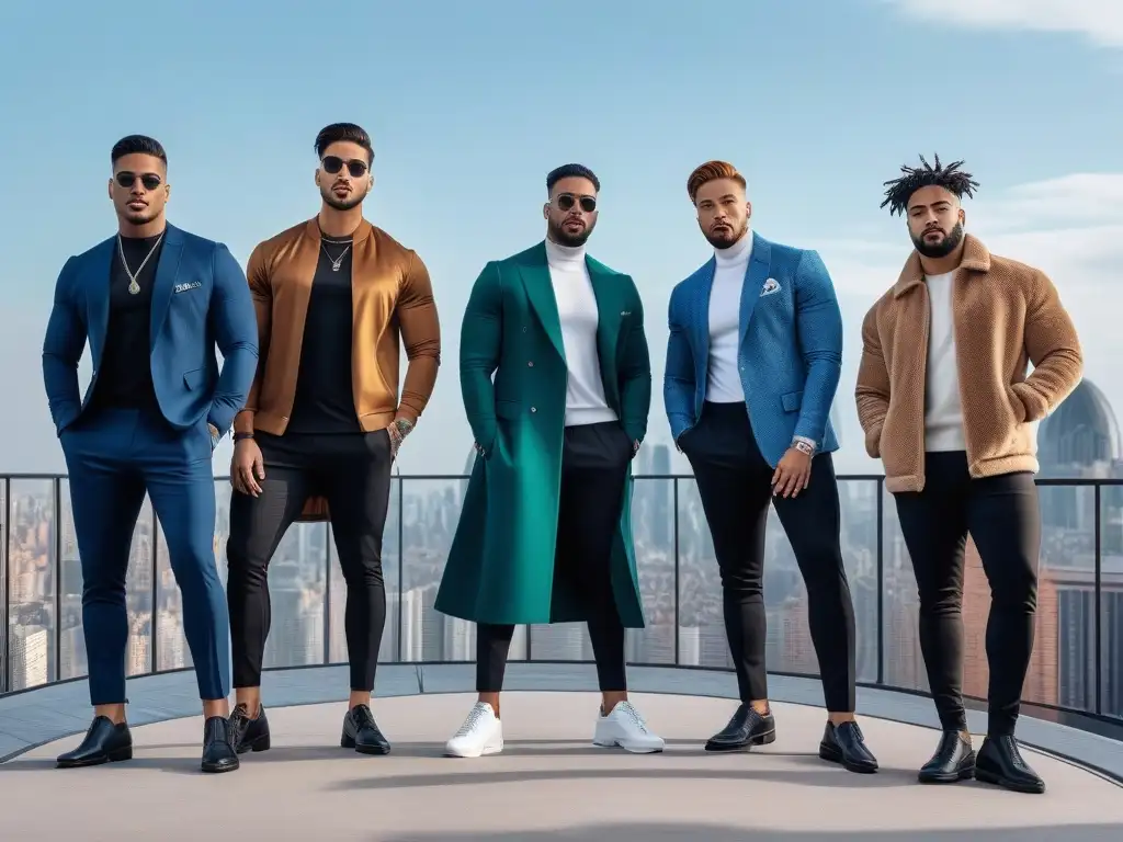 Influencers de moda masculina: diversidad y estilo urbano Una imagen de influencers masculinos de diferentes etnias y estilos, promoviendo la moda inclusiva en un ambiente urbano moderno