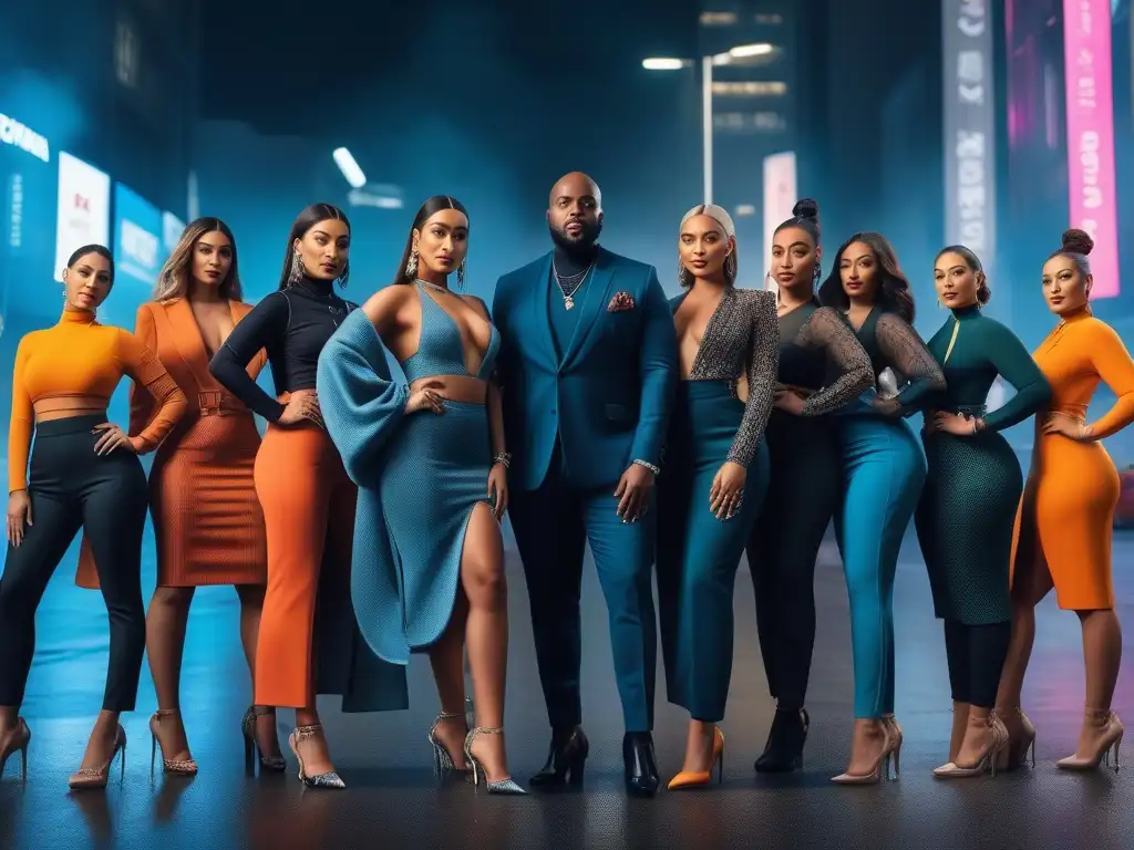 Influencers de moda inclusiva posan con confianza en ciudad futurista Una imagen de influencers de moda inclusiva representando diversidad y cambio en la industria, posando con confianza en la ciudad futurista