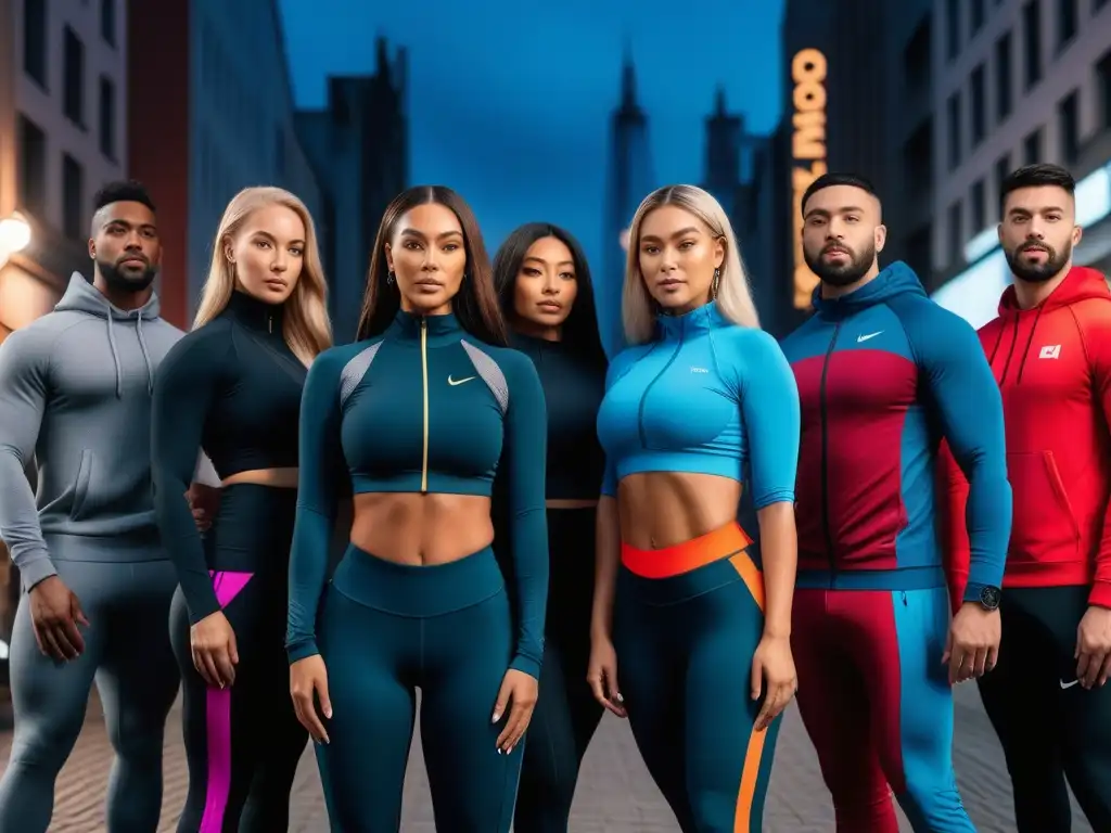 Empoderamiento urbano: diversidad en activewear Una imagen inspiradora de moda deportiva para todos los cuerpos, con personas diversas en poses poderosas y seguras en un entorno urbano