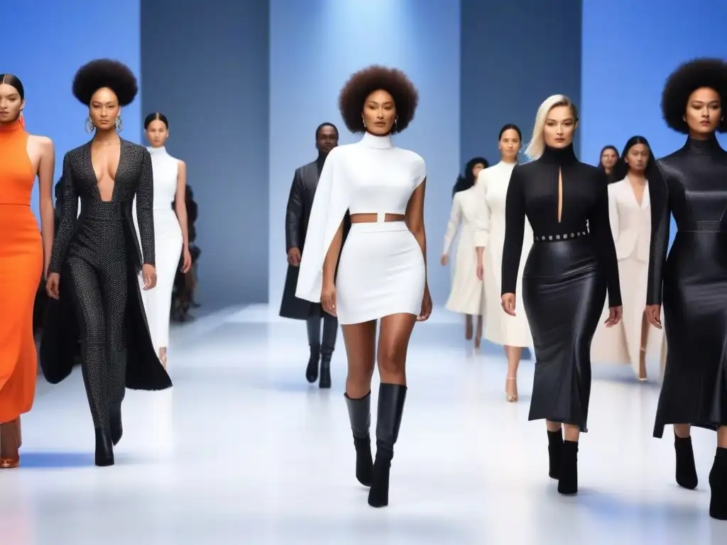 Desfile inclusivo de moda con modelos diversos y estilos vanguardistas Una imagen inspiradora de modelos de moda de diferentes etnias, cuerpos y habilidades desfilando juntos en una pasarela futurista