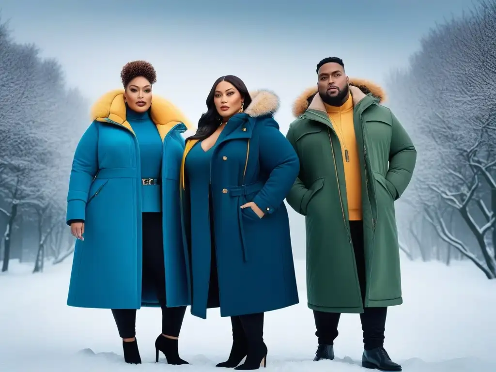 Moda de invierno inclusiva y elegante para todos los cuerpos Una imagen inspiradora de personas plus size seguras luciendo abrigos de invierno a la moda, en un paisaje urbano nevado