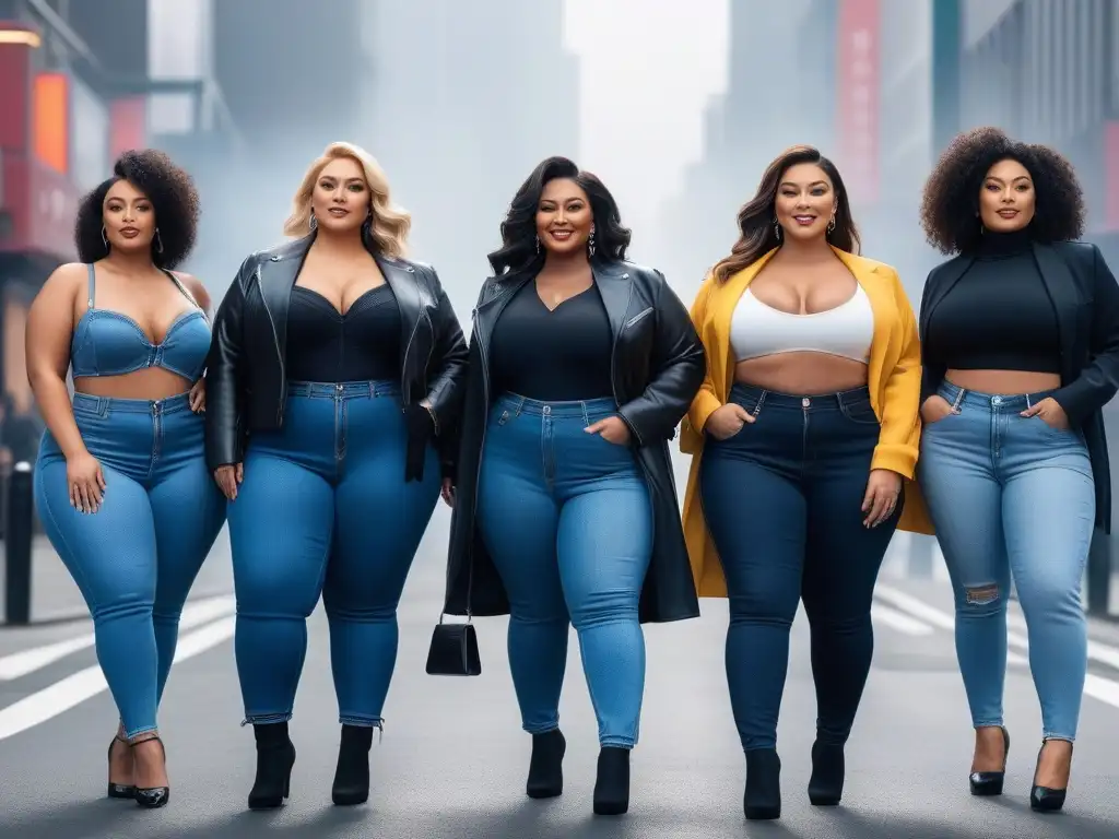 Moda inclusiva: Plussize jeans trendy en la ciudad Una imagen inspiradora de personas seguras y felices, de distintas etnias, luciendo los mejores jeans plus size 2021 en una ciudad moderna