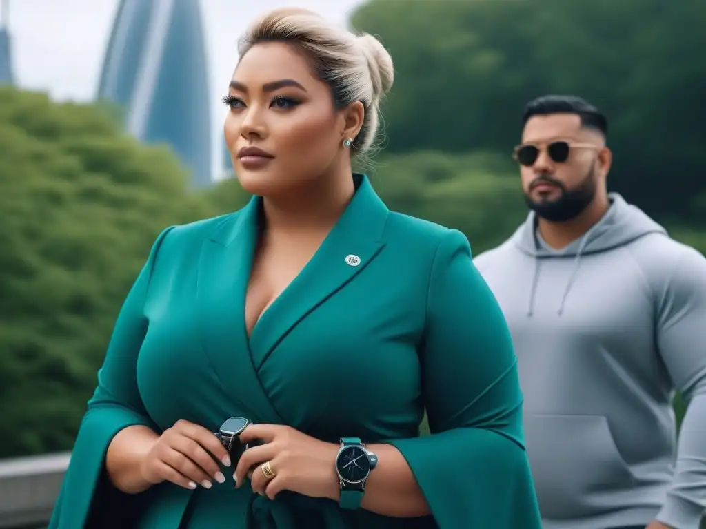 Imagen de grupo diverso de moda con smartwatches en ciudad moderna Una imagen de lujo accesible: grupo diverso de tallas plus con smartwatches elegantes en ciudad moderna