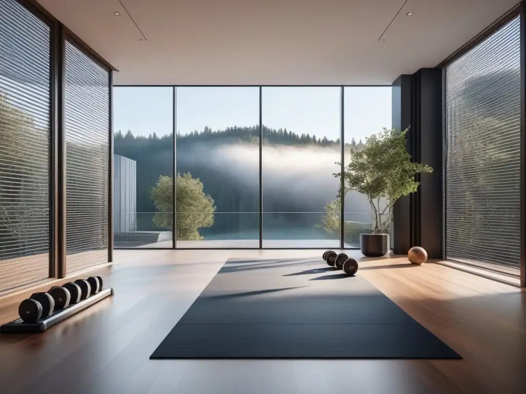 Exclusivo gimnasio en casa: lujo y tecnología para bienestar Imagen de un lujoso gimnasio en casa con equipamiento fitness integrado en un diseño moderno, fomentando el bienestar mental