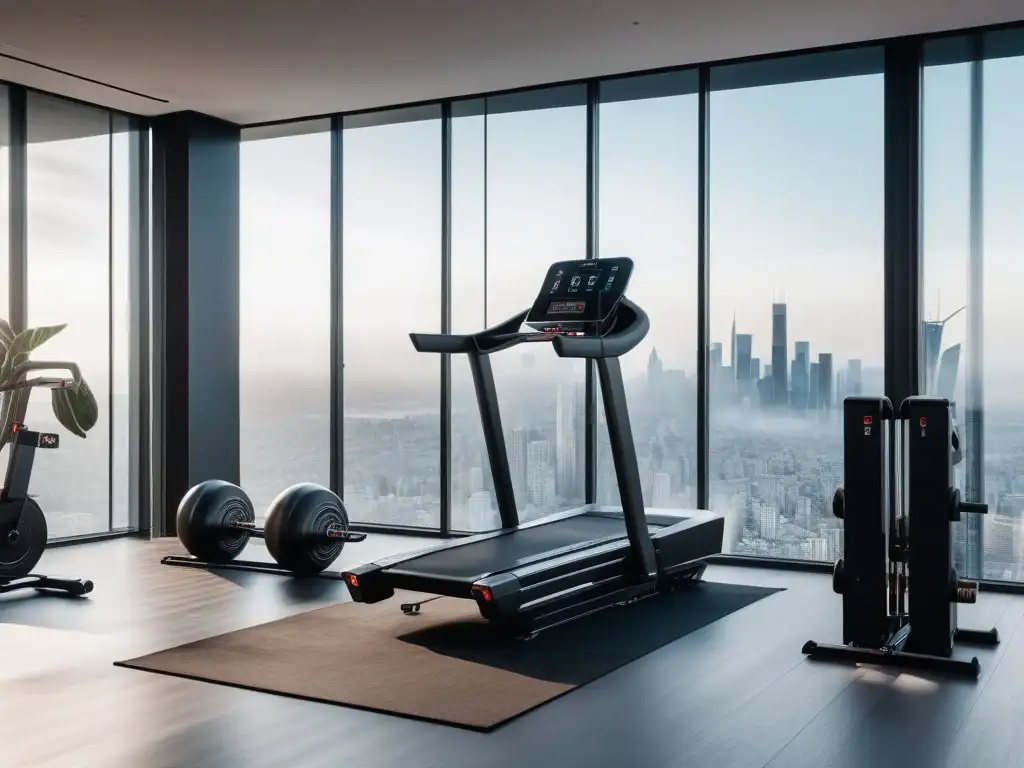 Gimnasio de lujo con equipamiento de alta gama Imagen de un lujoso gimnasio en casa con equipamiento de fitness de lujo y vista a la ciudad