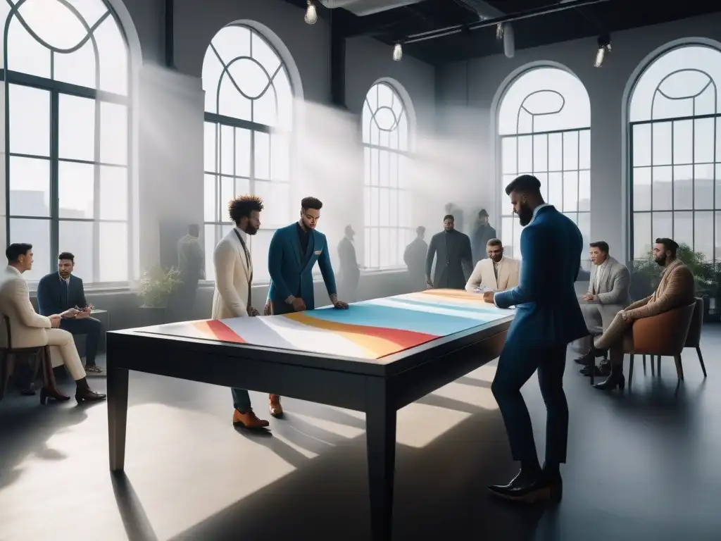Una imagen luminosa de diseñadores de moda masculina inclusiva debatiendo diseños alrededor de una elegante mesa de conferencias