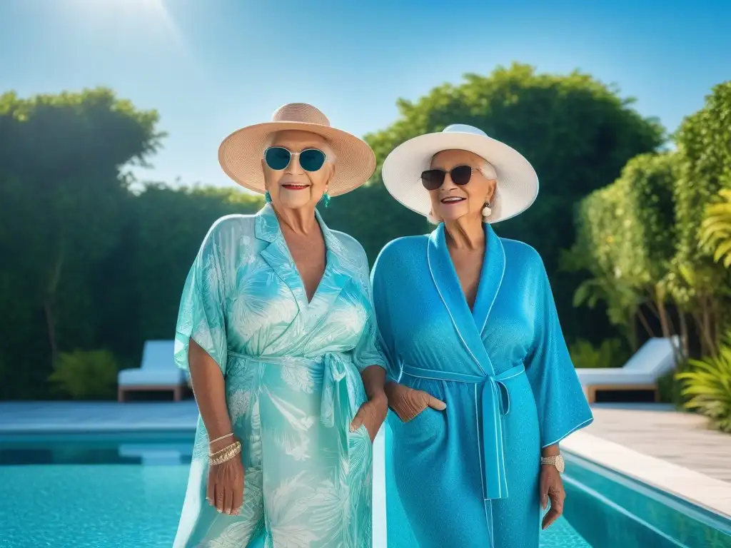 Estilo y confianza: Seniors modernos disfrutan la piscina Una imagen de moda para seniors: elegancia y confianza en la piscina con accesorios modernos