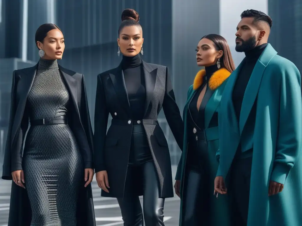 Moda inclusiva: diversidad y estilo en paisaje urbano futurista Una imagen de moda inclusiva en campañas publicitarias, con modelos diversos luciendo confianza y estilo en un paisaje urbano futurista vibrante
