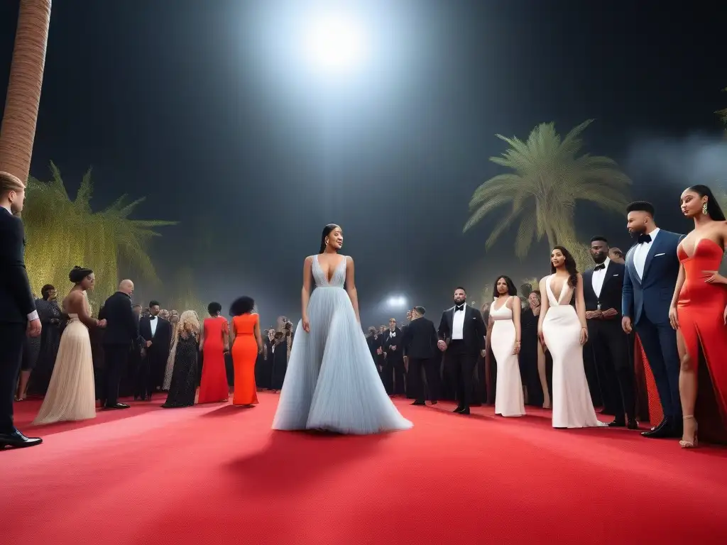 Desfile inclusivo de moda y diversidad en Hollywood Una imagen de moda inclusiva en cine y TV con actores y actrices de diversas etnias y cuerpos, desfilando con elegancia en una alfombra roja glamurosa