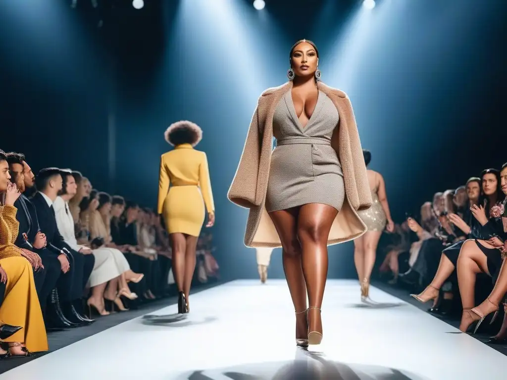 Desfile de moda inclusivo: diversidad de estilos y cuerpos en la pasarela Una imagen de moda inclusiva para todos los cuerpos, con modelos diversos desfilando con confianza en una pasarela iluminada