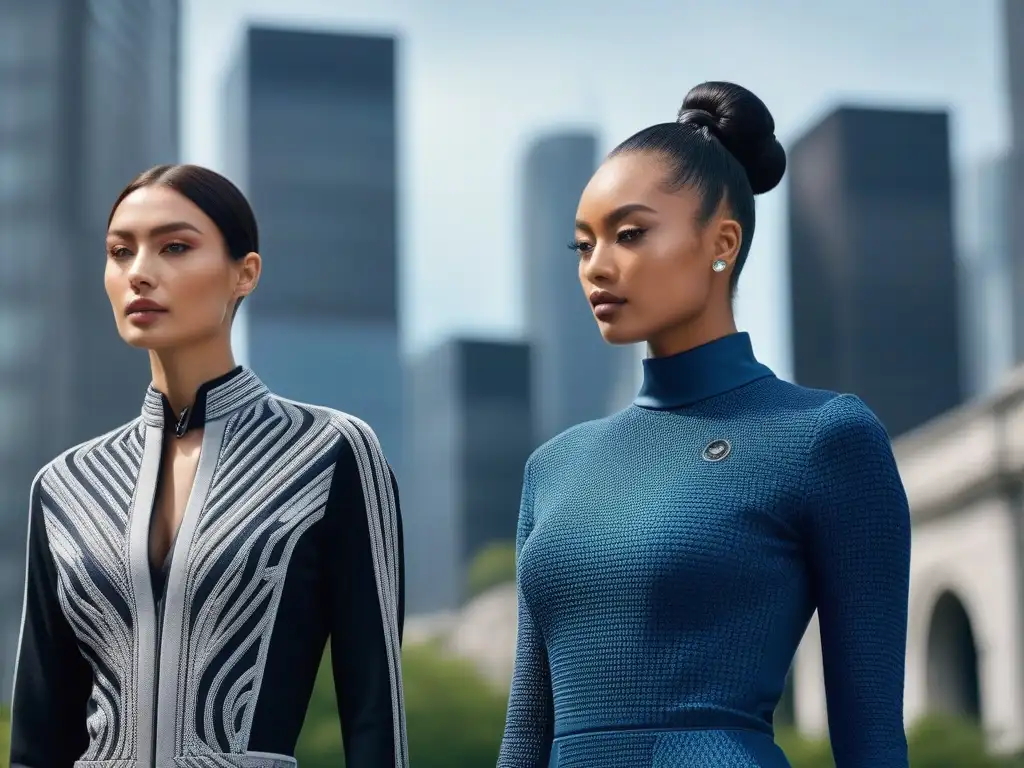 Moda inclusiva y tecnología en la ciudad Una imagen de moda inclusiva para todos los cuerpos, donde modelos diversos lucen tecnología wearable en outfits elegantes y futuristas