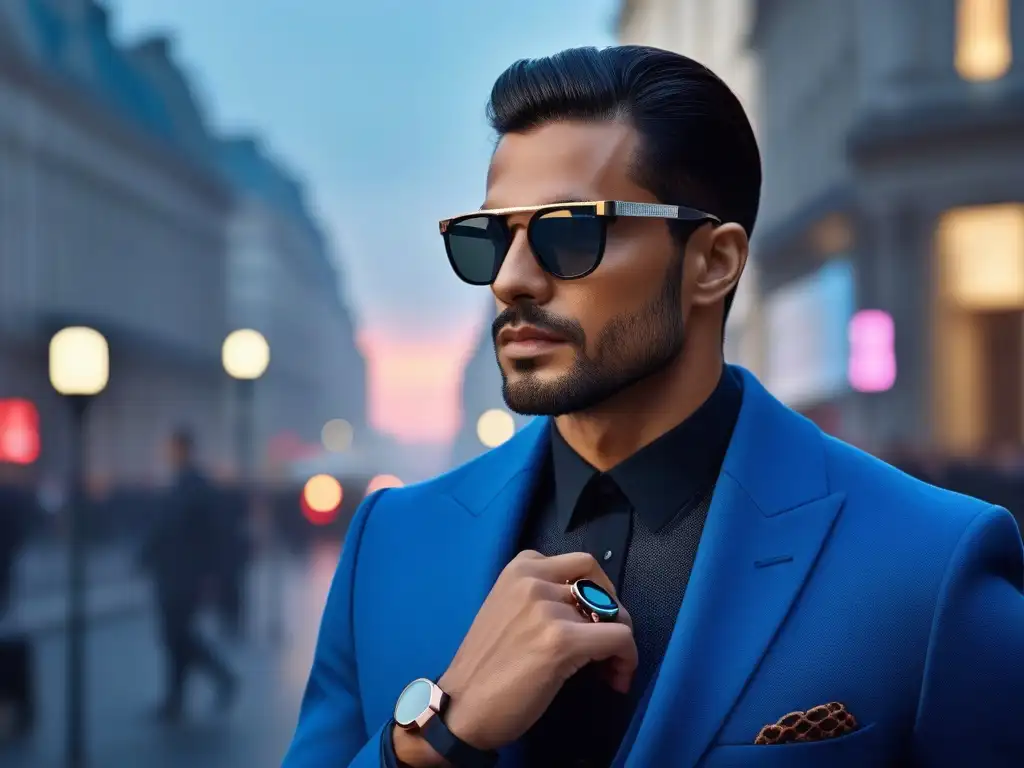 Moda tecnológica de lujo en la ciudad al atardecer Una imagen de moda inclusiva para todos: elegantes wearables urbanos en un ambiente sofisticado y moderno de la ciudad al anochecer