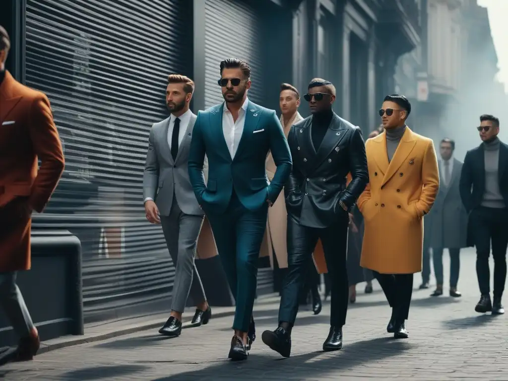 Grupo diverso de hombres con estilo caminando por la ciudad Una imagen de moda inclusiva para hombres: marcas