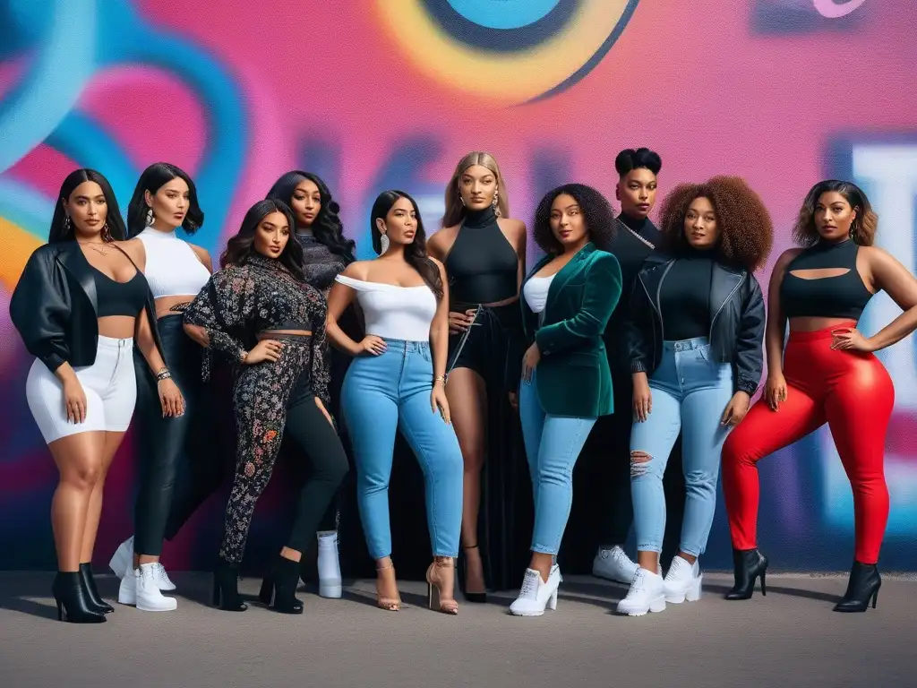 Influencers de moda diversa y vibrante empoderamiento y unidad Una imagen de moda inclusiva: influencers diversos posan con estilo frente a un mural colorido