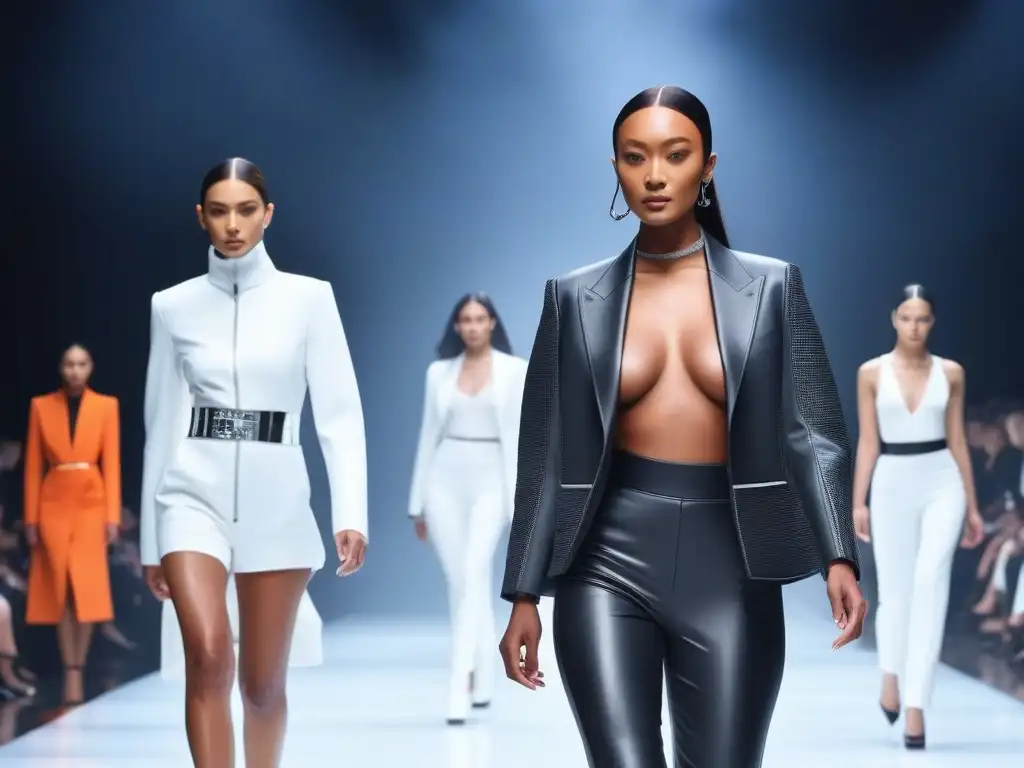 Desfile de moda futurista con tecnología vestible de vanguardia Una imagen de moda inclusiva con innovaciones wearables, modelos seguros en la pasarela futurista