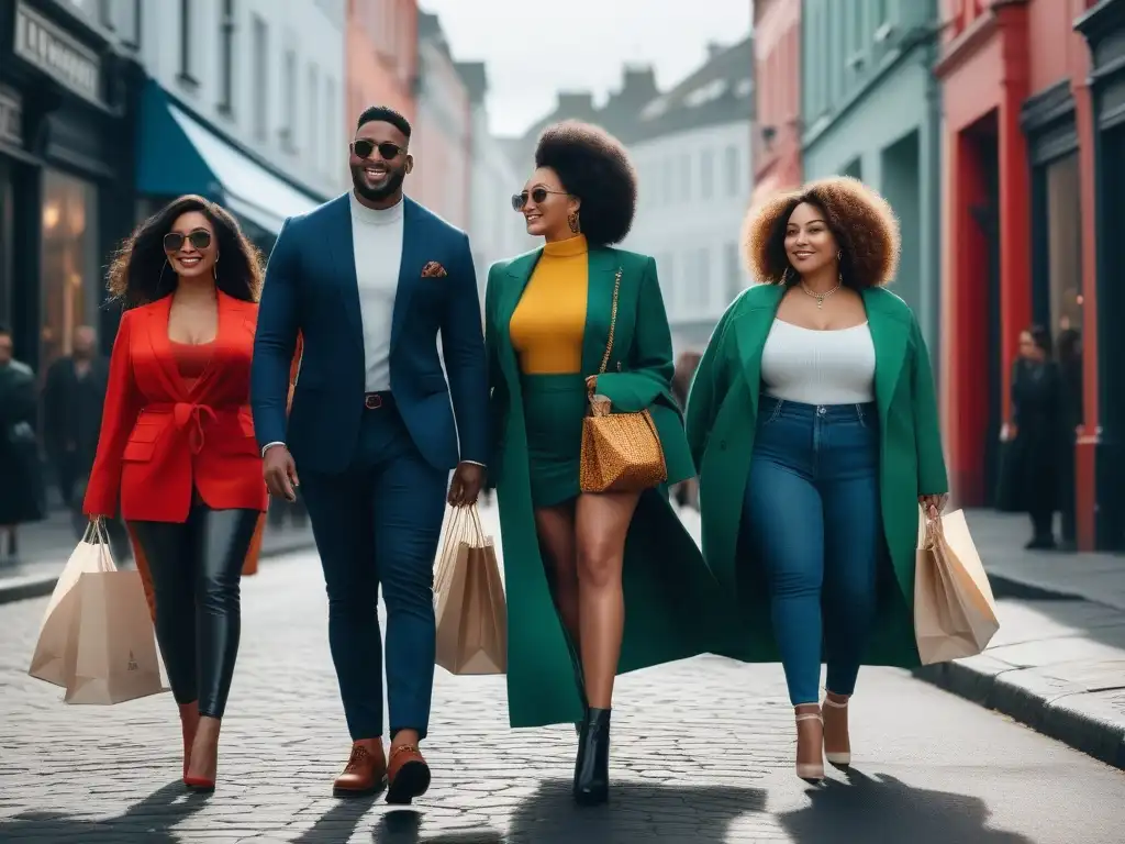 Desfile de moda inclusivo y sostenible en la ciudad Una imagen de moda inclusiva para todas las tallas: un grupo diverso y elegante paseando por la ciudad con bolsas de compras ecofriendly
