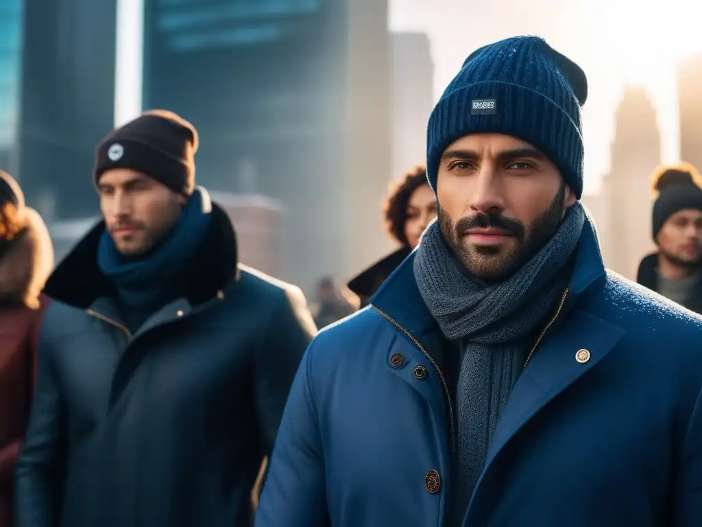 Moda invernal diversa en la ciudad nevada Una imagen de moda invernal con ropa adaptativa para todas tallas en una ciudad nevada al atardecer
