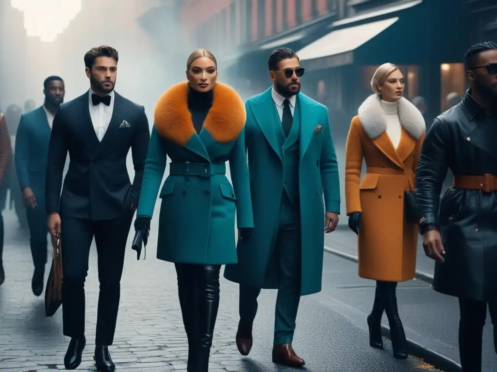 Desfile de moda urbana: estilo y diversidad en la ciudad Una imagen de moda de lujo para todos: personas diversas luciendo atuendos exclusivos, caminando con confianza por una calle moderna y elegante