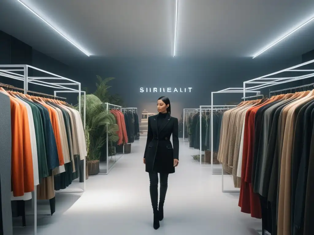 Moda sostenible: Exclusiva tienda de segunda mano con estilo Una imagen de moda de lujo segunda mano: grupo diverso de personas estilosas explorando ropa de diseñador en una tienda moderna y elegante